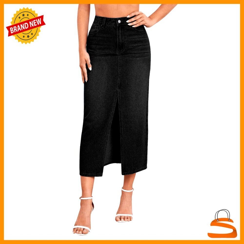 Stretch Denim Midi Skirt Y2K Chic Curve-Hugging with Front Slit Versatile